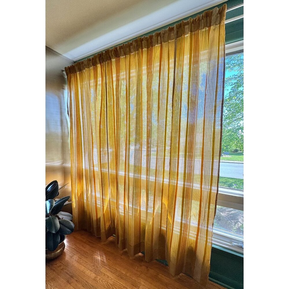 Vintage 70s curtain, orange, yellow vertical stripes, oversized pleated panel